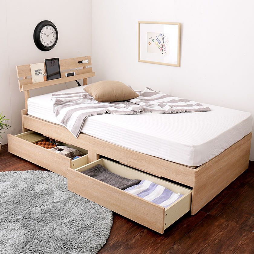 ベッド 収納ベッド シングル マットレスセット 厚さ15cmポケットコイルマットレス付き 木製 コンセント | ベッド・マットレス通販専門店