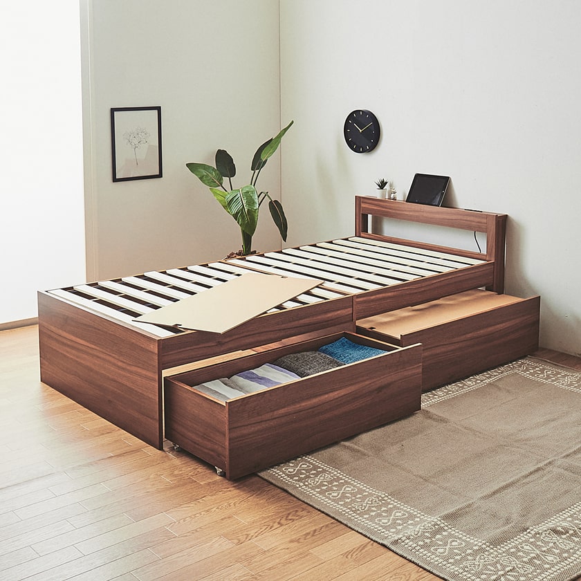 【ポイント10倍】収納ベッド すのこベッド ストミ シングル シングルベッド ベッドフレーム 棚付きベッド コンセント 木製 引き出し付きベッド