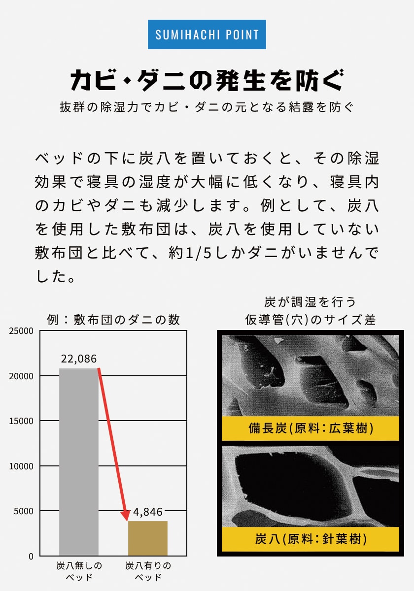 炭八がカビ・ダニの発生を防ぐ