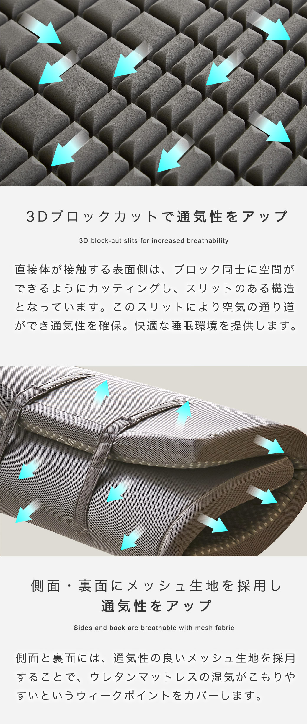 通気性を良くするための工夫  メッシュ生地を採用 スリット入りウレタン構造