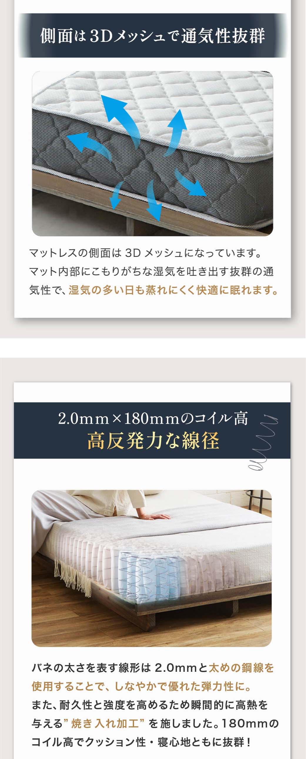 しっかり体を支えるポケットコイル、体のラインにしっかりフィット。通気性抜群