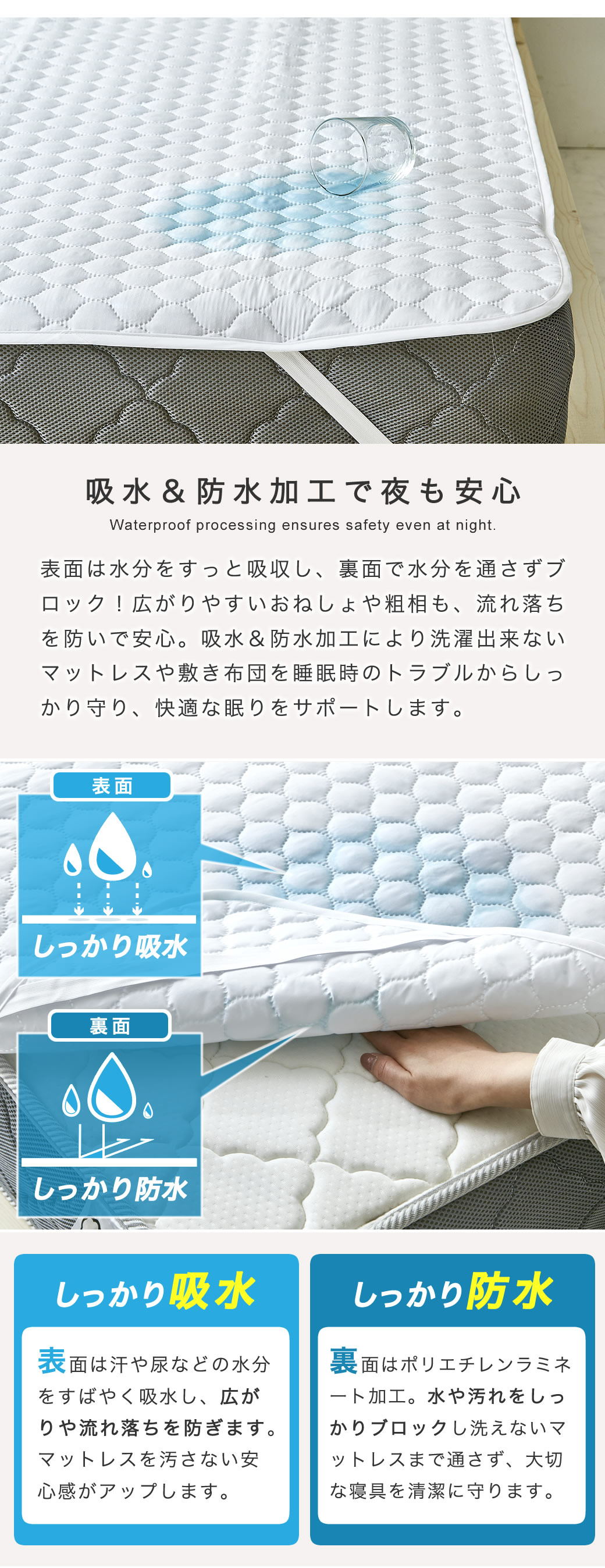ベッドパッドの表面で水分を吸収、裏面は防水加工でマットレスまで水分を届かせない