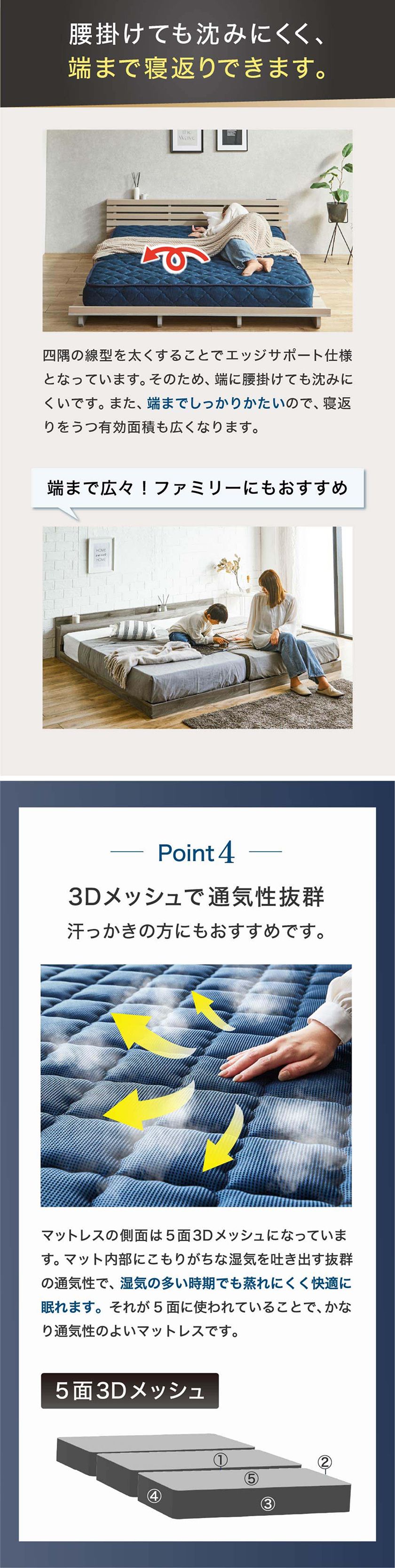 エッジ強化で端までしっかり硬さを保つファミリー向けマットレス
