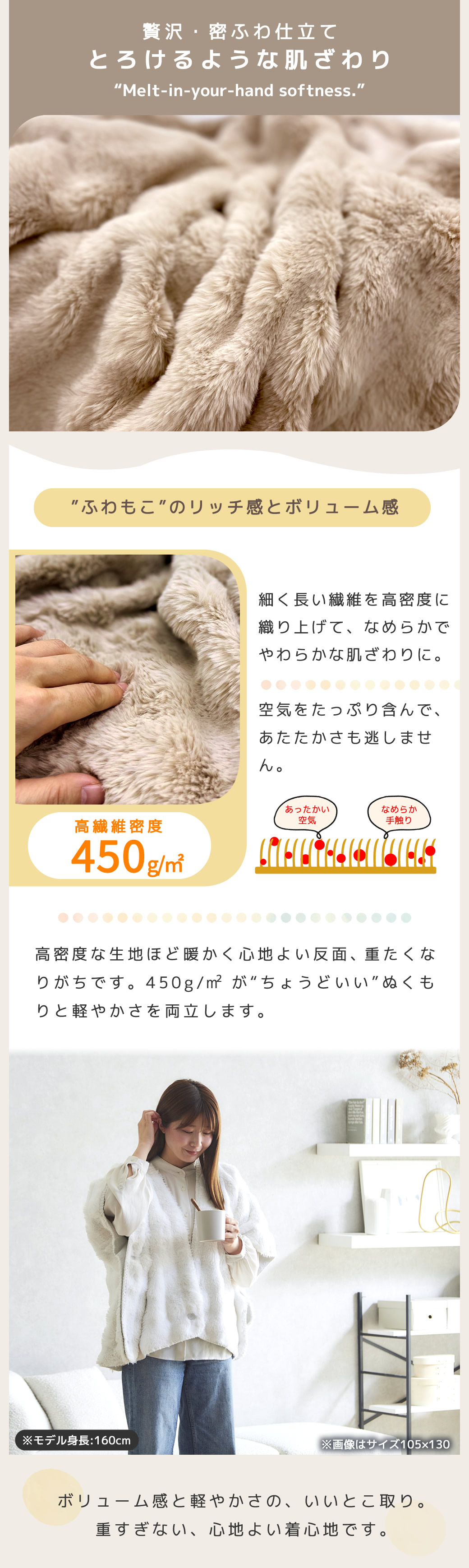 高密度繊維 重すぎない 軽やかな掛け心地 おしゃれなふわぽこデザイン