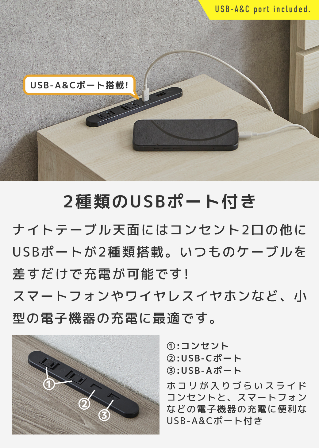 2種類のUSBポート付き USB-A&Cポート搭載 コンセント USB-Cポート USB-Aポート スライドコンセント