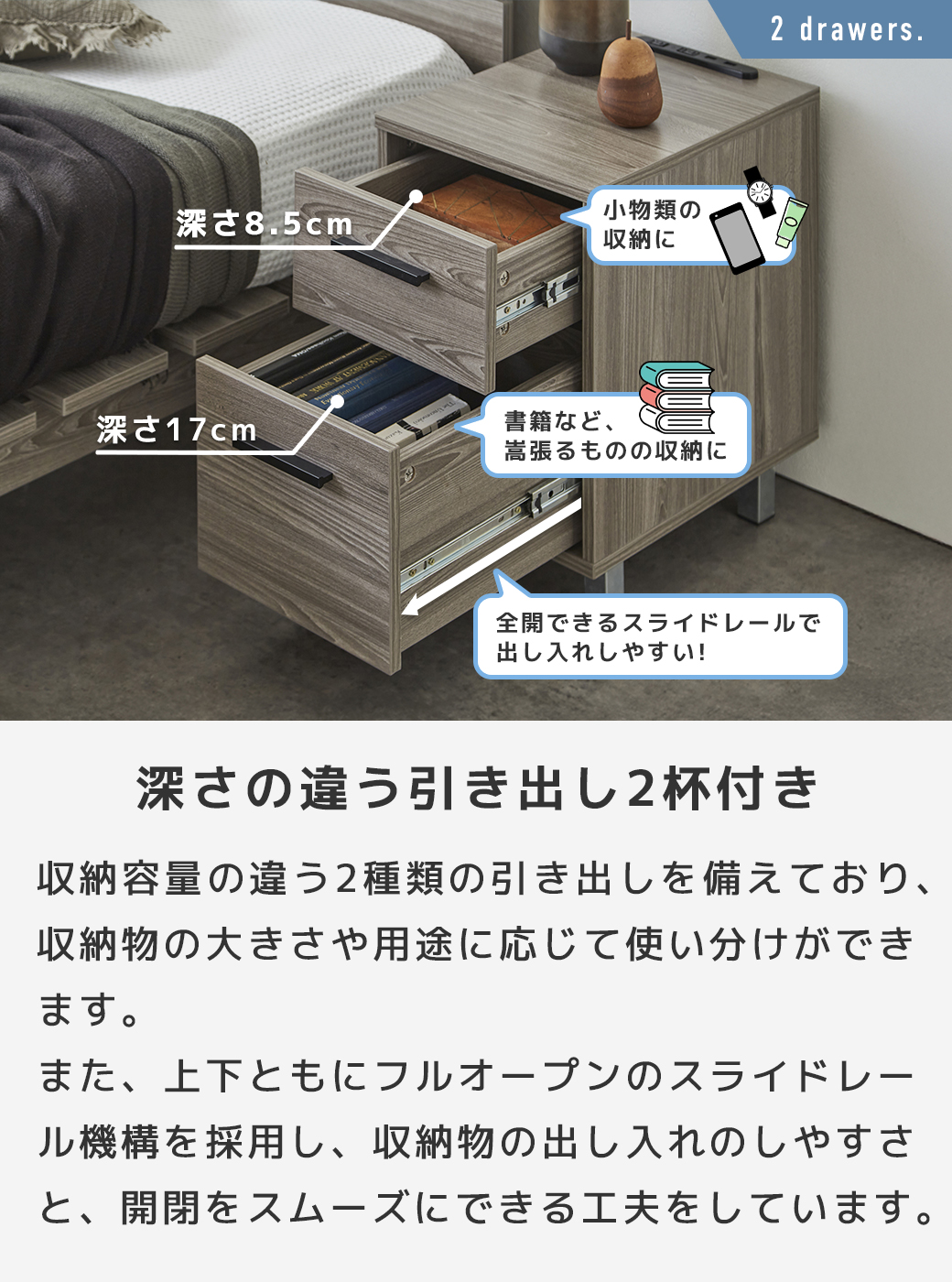 深さの違う引き出し2杯付き 上段深さ8.5cm 下段深さ17cm 全開スライドレール 小物収納 書籍収納