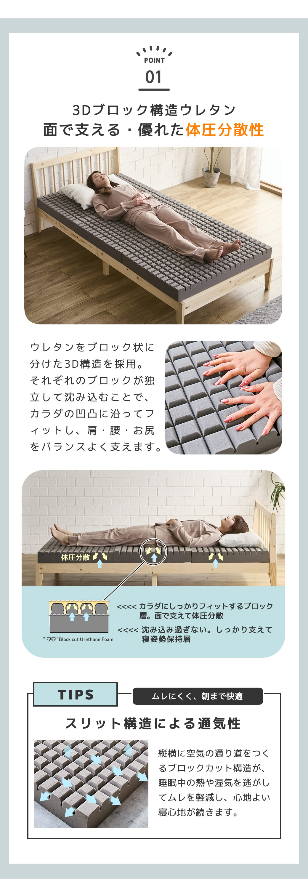 体圧分散 かためマットレス 面で支えるブロックウレタンマットレス カラダにしっかりフィット