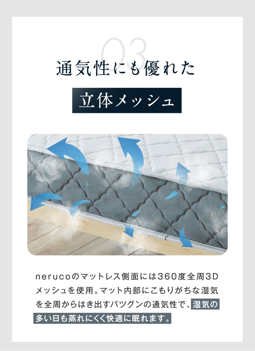 マットの中の湿気を逃がす。通気性に優れた立体メッシュ生地 快適な眠りを
