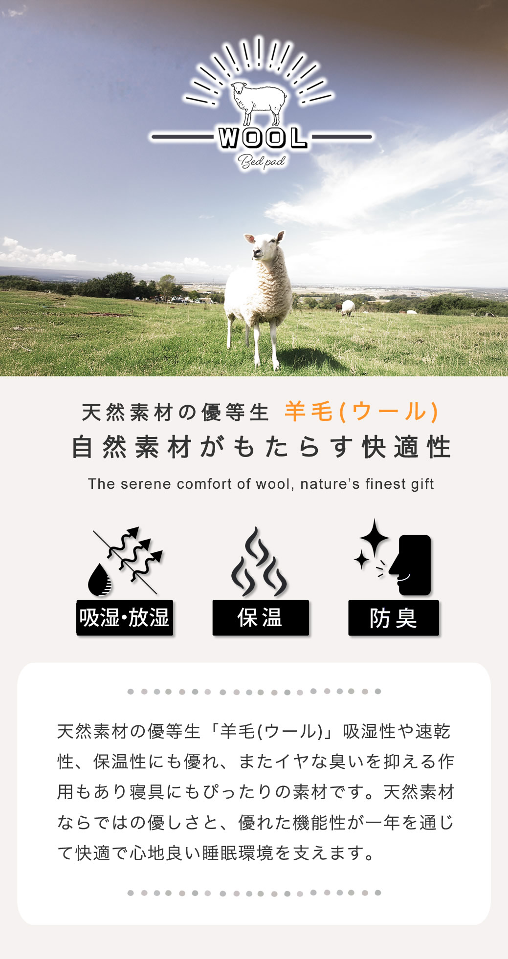 天然素材の優等生羊毛(ウール)自然素材がもたらす快適性