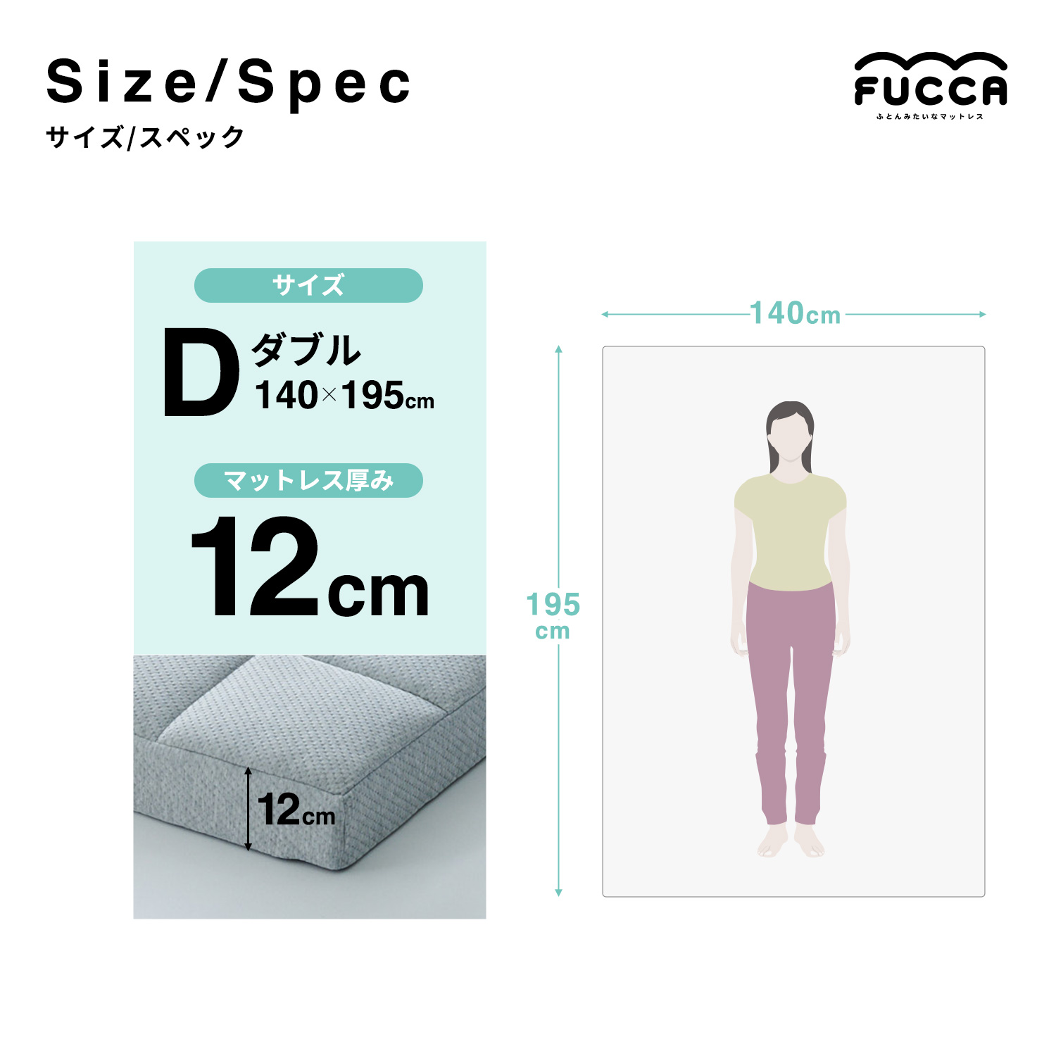 ダブルサイズは幅140×奥行195×厚み12cmサイズ