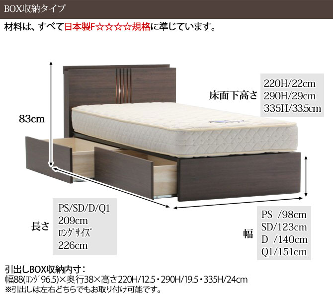 No.244 ウレルディ(290H) BOX収納ベッド D ダブル ドリームベッド ウォールナット ベッドフレームのみ 木製 BOX引出し付き 日本製