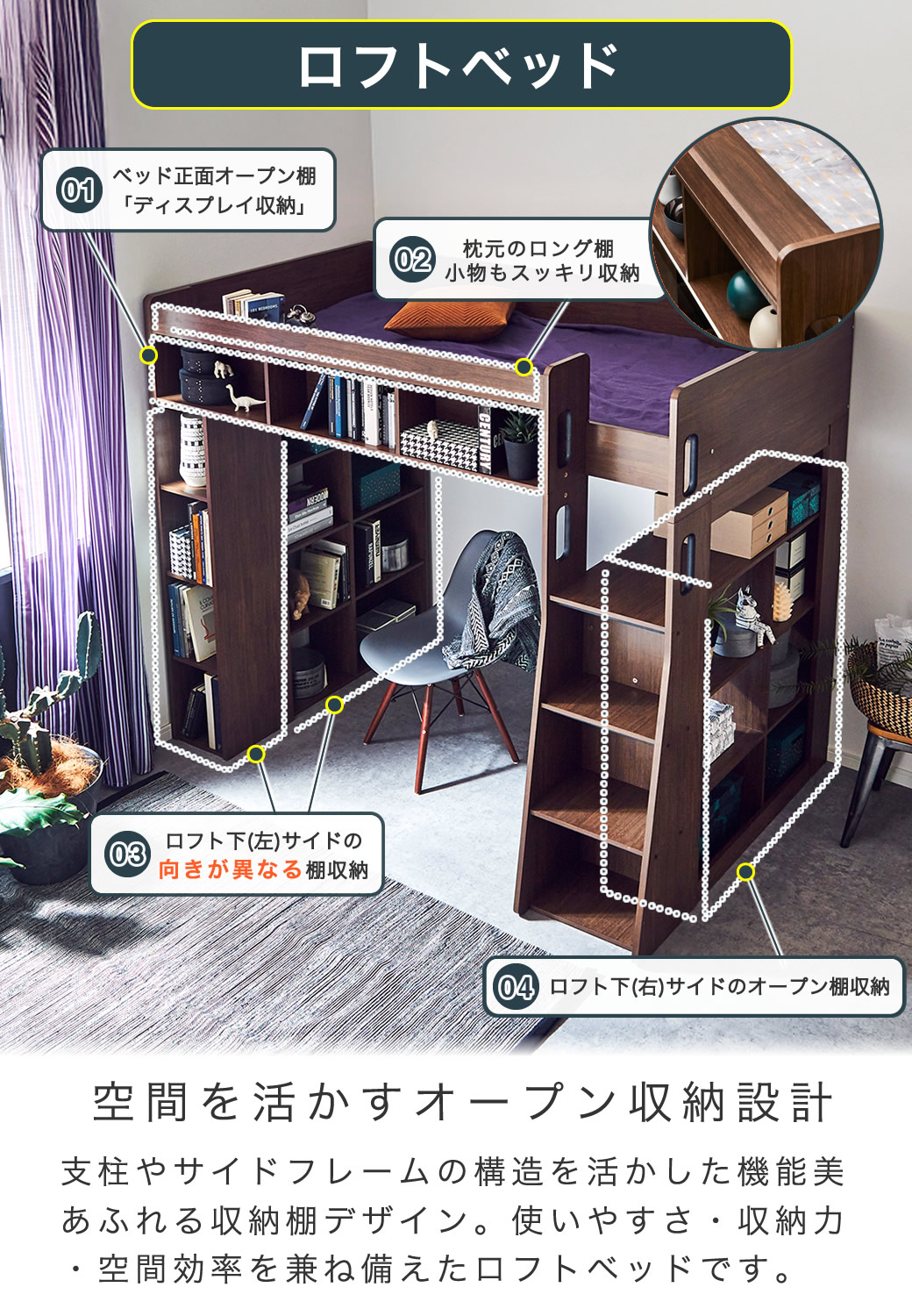 木製システムベッド ハイタイプロフトベッド Ivey アイビー 高さ176cm 充実の棚収納付きベッド ベッド下収納 シングル 階段付き 国内最大級のベッド通販専門店ネルコ Neruco