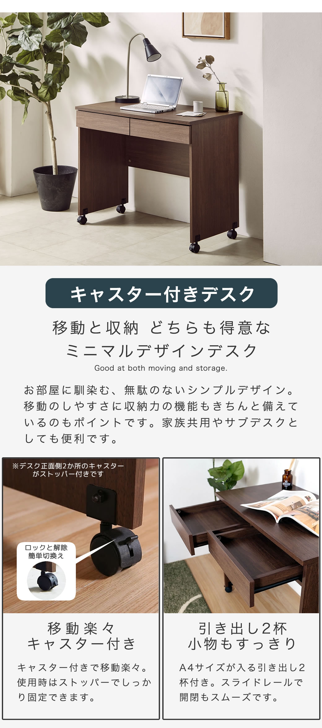 シンプルで使いやすいキャスターと引出し収納2杯