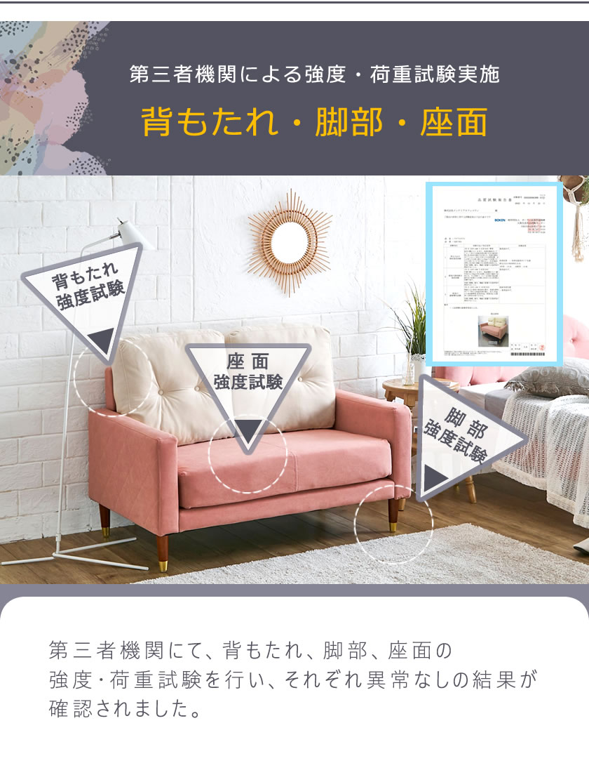 背もたれ、脚部、座面　強度、荷重試験を実施