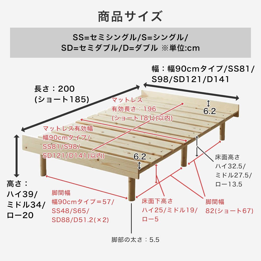 マーヴィンすのこベッドのサイズ詳細