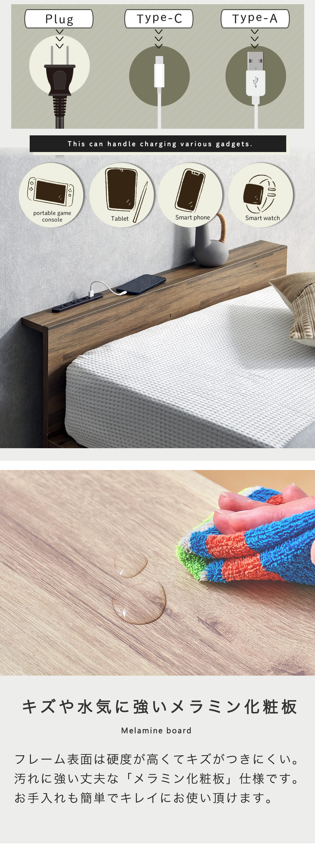 コンセント2口 Type-A,Type-C キズに強いメラミン化粧板