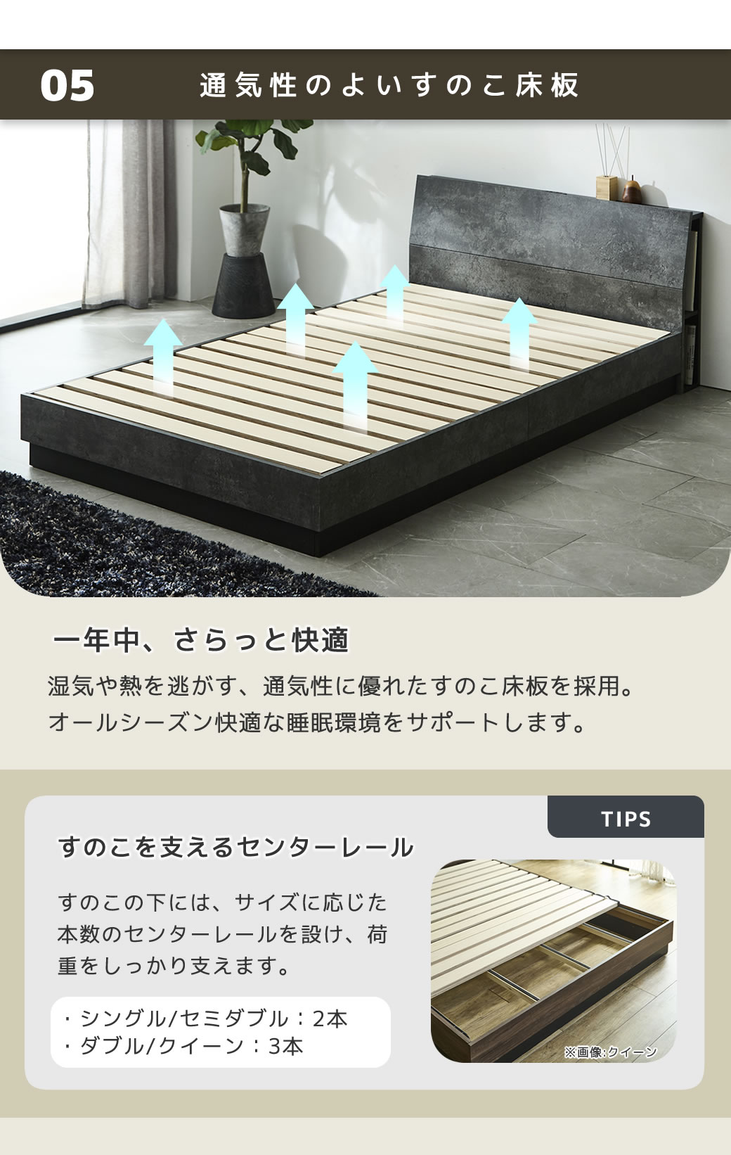通気性が良く丈夫なLVLすのこに補強レール仕様で荷重をしっかり支えます。