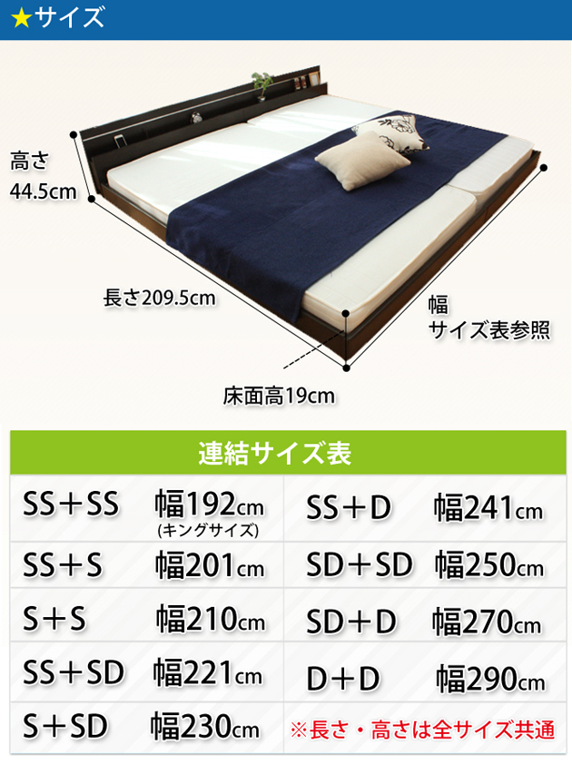 ポイント10倍 デザインフロアベッドワイドキング190 Ss S 2つ折ボンネルマットレス付 棚 照明付 連結金具付 ローベッド ベッド マットレス通販専門店 ネルコンシェルジュ Neruco
