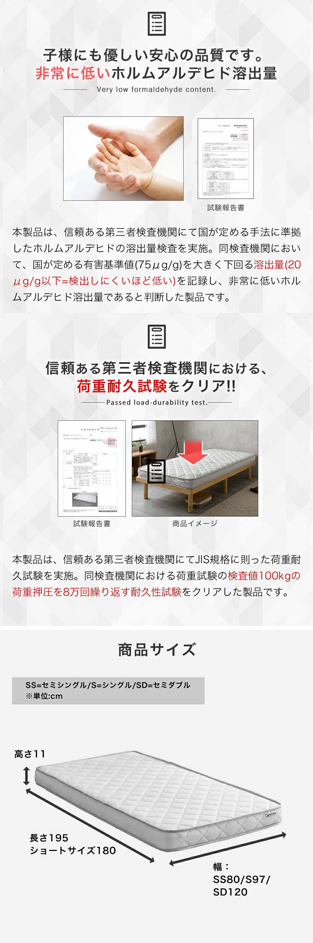 低ホルム＆荷重耐久試験実施　薄型ポケットコイルマットレス