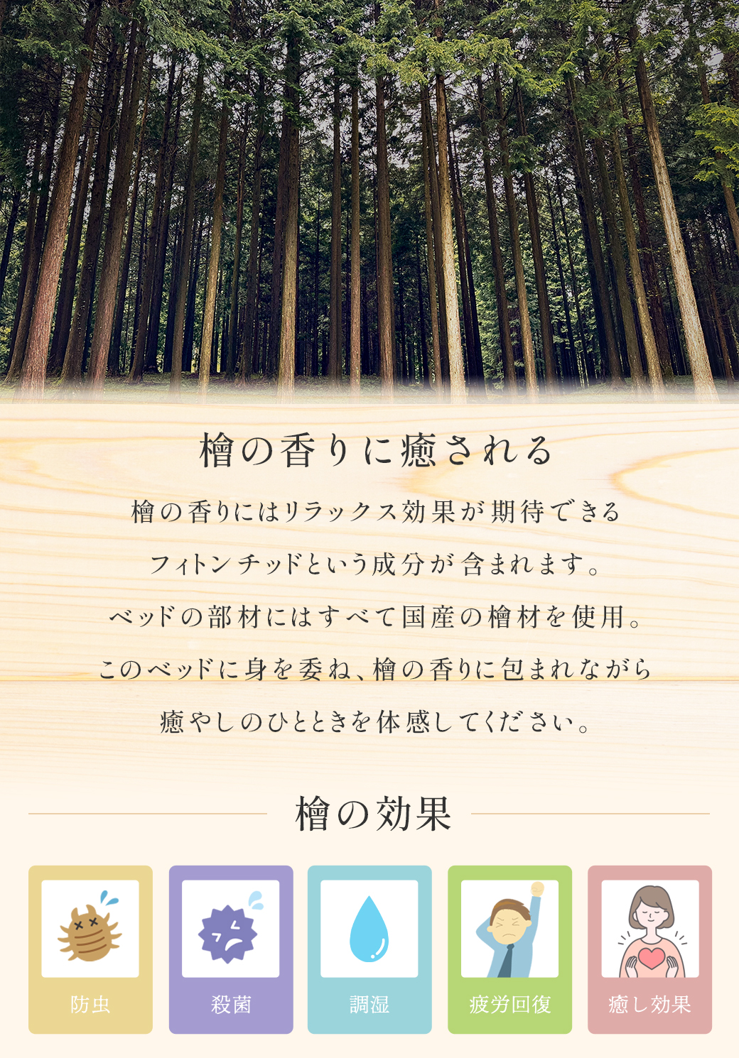 ひのきの効能 防虫 殺菌 調湿 疲労回復 癒し効果