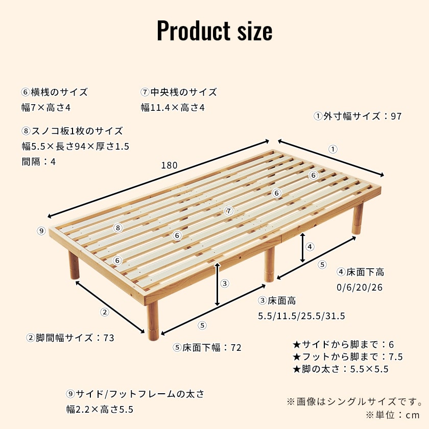 すのこベッドバノンのショートシングルサイズのサイズ